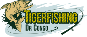 A logo features a leaping tigerfish above the text "TIGERFISHING DR CONGO", with a fishing rod and hook.